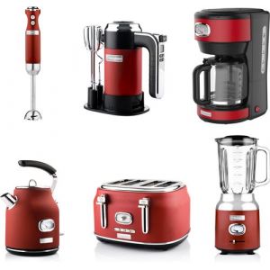 ENSEMBLE RETRO WESTINGHOUSE - Batteur &agrave; main - Mixeur plongeant + Blender + Bouilloire + Grille-pain 4 fentes + Cafeti&egrave;re - Rouge