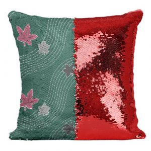 Fabulous Housse de Coussin &agrave; Sequin - Paillettes Rouge Feuille d'erable Motif Japonais Vert [40 x 40 cm]