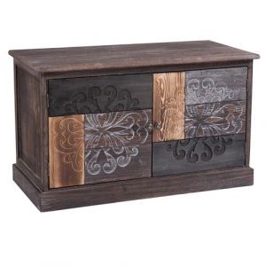 Banc de rangement MARA meuble à chaussures coffre avec 2 portes, en bois de paulownia brun gris style vintage ethnique bohême