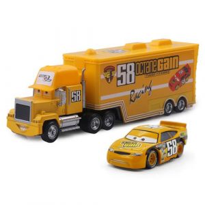 Camion Disney Pixar Mack-A26 avec 1 petit véhicule , 1:55 moulé, 21*6.5*4.5cm -Jaune