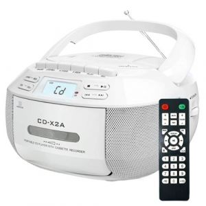 Brightake Lecteur CD avec t&eacute;l&eacute;commande, haut-parleur Bluetooth, lecteur de cassettes, radio, cadeau pour &eacute;tudiants, grands-parents, blanc