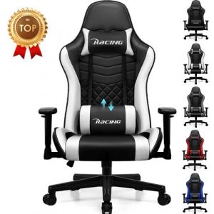 Chaise Gaming 150KG, Assise de 56CM, Coussin Lombaire Appui-Tete et Accoudoirs R&eacute;glables, Noire et blanche
