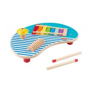 Table musicale en bois 3 instruments musique : xylophone  cymbale  guiro - bebe  enfant 2 ans - activites eveil - set jouet fsc + carte