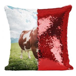 Fabulous Coussin avec Housse Sequin - Paillettes Rouge Vache dans un pr&eacute; Montagne [40 x 40 cm]