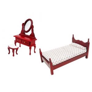 01:12 Maison De Poup&eacute;e Miniature + Ensemble Coiffeuse Meubles De Lit Enfants Pretend Jou&euml;t Rouge MK7908