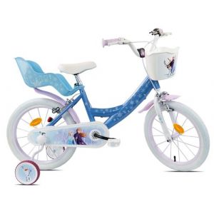 V&eacute;lo enfant - Mod&egrave;le 16'' Reine des Neiges de Disney pour fille de taille 100 &agrave; 120 cm avec stabilisateurs, 2 freins & Panier avant et Porte poup&eacute;e