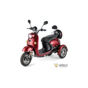 Scooter électrique 3 roues pour PMR personnes à mobilité réduite et sénior Veleco ZT63 homologué route rouge pneus pleins