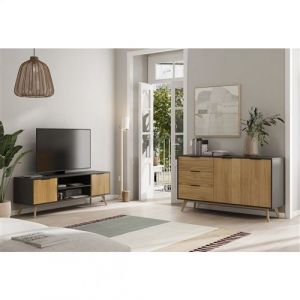 Pack Salon Scandinave Meuble TV 140cm + Buffet 140cm 2 Portes en Pin Massif - VIKOV - ALTOBUY