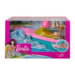Coffret hors bord barbie - bateau + poup&eacute;e mannequin + chien avec 3 accessoires - set loisir et carte tigre
