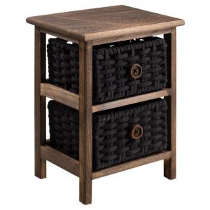 Table de chevet PLUTO petite commode de nuit en bois de paulownia brun foncé, avec 2 paniers en coton tressé noir