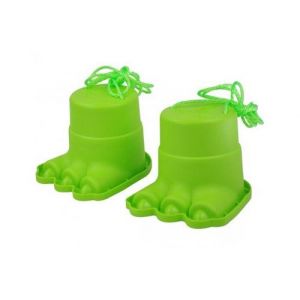 Paire echasses enfant pattes monstre dino vert - pots  boites h 12 cm  plastique - jeu equilibre  marche - set jouet exterieur et carte