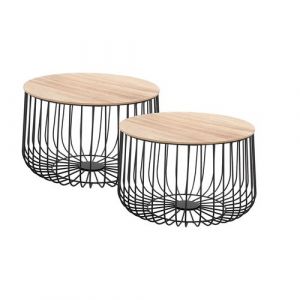 Lot de 2 tables d'appoint PADOVA paniers en métal tables à café tables basses rondes bouts de canapé vintage décor bois naturel