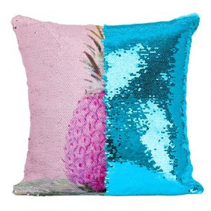 Fabulous Coussin avec Housse Sequin - Paillettes Turquoise Ananas Rose sur Fond Rose [40 x 40 cm]