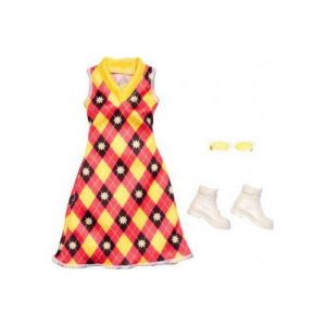 Habit barbie - robe jaune a fleurs + lunette + chaussures - set vêtement poupee et mini-poupee + 1 carte offerte