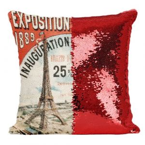 Fabulous Housse de Coussin à Sequin - Paillettes Rouge Exposition Universelle 1889 Paris Tour Eiffel [40 x 40 cm]