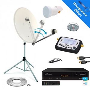 pack parabole acier 65cm bras repliable r&eacute;cepteur fransat lnb c&acirc;ble trepied poin