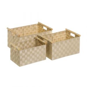 Lot de 3 panier de rangement tressé avec poignée caisse rectangulaire en polypropylène coloris beige -JUANIO-