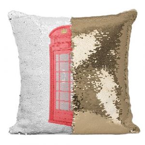 Fabulous Coussin avec Housse Sequin - Paillettes Doré Londres Cabine Téléphonique Rouge [40 x 40 cm]