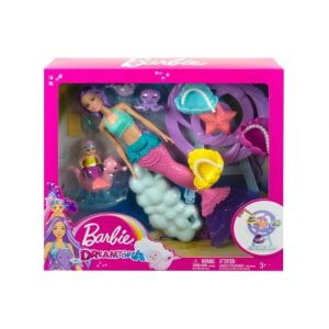 Coffret barbie poupée sirène + bébé + hippocampe + otarie + poulpe + manège + 2 accessoires - poupée mannequin + carte animal