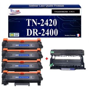 T3AZUR - Kit Tambour+ 4 Toners compatibles avec Brother TN2420 DR2400 pour Brother MFC-L2710DN, MFC-L2710DW, MFC-L2712DN, MFC-L2712DW, MFC-L2713DW, MFC-L2715DW - 3 000 pages