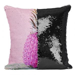 Fabulous Housse de Coussin &agrave; Sequin - Paillettes Noir Ananas Rose sur Fond Rose [40 x 40 cm]