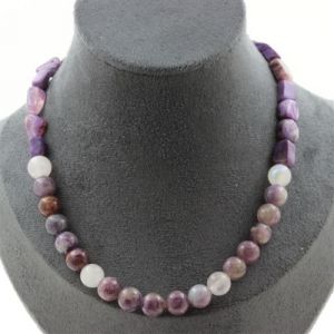 Collier perles Charoite de Russie + Pierre de Lune + Mica violet de Tanzanie 8 mm chaîne inox - A Bijoux