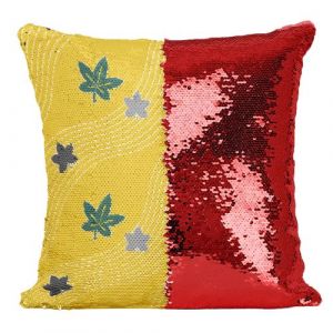 Fabulous Coussin avec Housse Sequin - Paillettes Rouge Feuille d'erable Motif Japonais Jaune [40 x 40 cm]