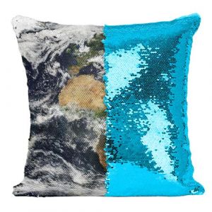 Fabulous Housse de Coussin &agrave; Sequin - Paillettes Turquoise Carte du Monde Planisphere Photo Satellite [40 x 40 cm]
