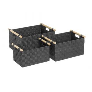 Lot de 3 panier de rangement tressé caisse de rangement rectangulaire en polypropylène coloris gris foncé -JUANIO-