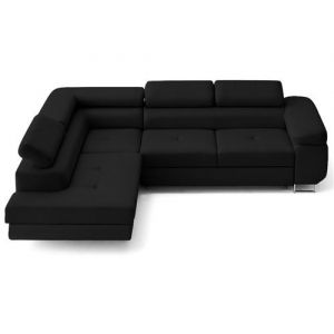 Zaria - canap&eacute; d'angle gauche 5 places convertible avec coffre et t&ecirc;ti&egrave;res en simili - Noir