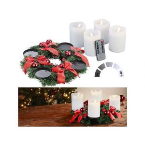 Britesta : Couronne de l'Avent avec ornements rouges et 4 bougies LED blanches