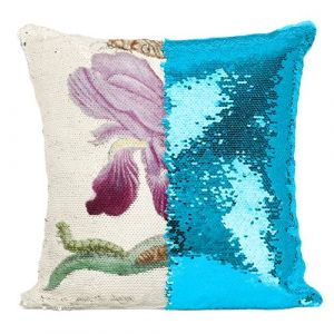 Fabulous Housse de Coussin &agrave; Sequin - Paillettes Turquoise Iris Papillons Chenilles Illustration Botanique [40 x 40 cm]