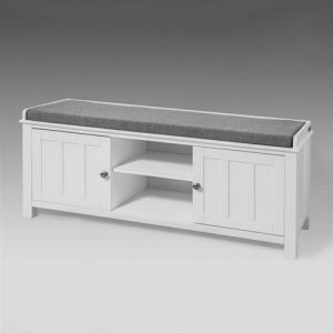 SoBuy&reg; FSR35-W Banc de Rangement Commode &agrave; Bottes Chaussures &ndash; avec 2 Compartiments Ouverts, 2 Portes et Coussin rembourr&eacute;