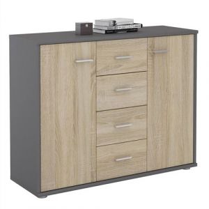 Buffet ELODIE, commode meuble de rangement avec 4 tiroirs et 2 portes, en m&eacute;lamin&eacute; gris mat et d&eacute;cor ch&ecirc;ne sonoma