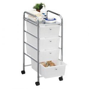 Caisson sur roulettes SANO chariot avec 4 tiroirs en plastique blanc transparent et 1 &eacute;tag&egrave;re, rangement salle de bain m&eacute;tal chrom&eacute;