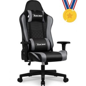 Chaise Gaming, Charge 150KG Fauteuil Gamer Ergonomique Assise de 53CM, Appui-Tete, Coussin Lombaire et Accoudoirs R&eacute;glables, Noire et Grise