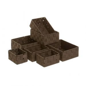 Lot de 7 panier de rangement tressé caisse de rangement rectangulaire en polypropylène coloris marron -JUANIO-