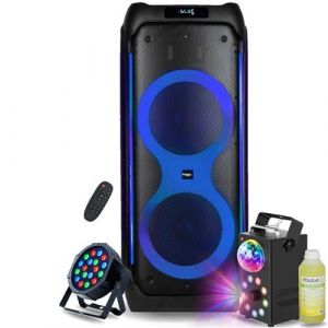 Pack Enceinte Active USB Bluetooth Autonome Ibiza 1200W COLUMBA1200 - Machine Fum&eacute;e LED 700 W - Liquide 1L - Projecteur 18W Astro