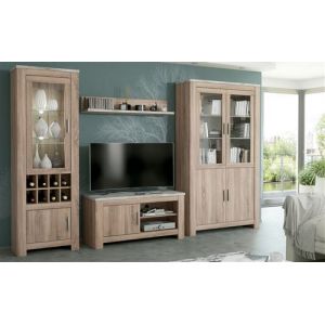 Ensemble de salon meuble TV, vitrine avec LED, buffet, etagere murale coloris chene truffe, blanc vieilli -PEGANE-