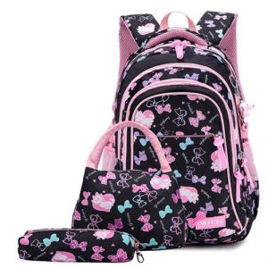 Floral Sac à Dos Scolaire pour Fille,Toile Sac à Dos + Sac à Lunch + Sac de Stylo pour l’Adolescent l’Étudiant,Noir