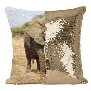 Fabulous Coussin avec Housse Sequin - Paillettes Doré Elephant d'Afrique Savane [40 x 40 cm]