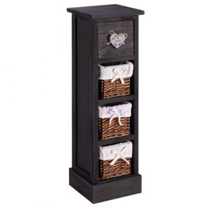 Chiffonnier FLOWER petit meuble avec 1 tiroir et 3 paniers étagère en bois de paulownia noir, style shabby chic vintage rustique