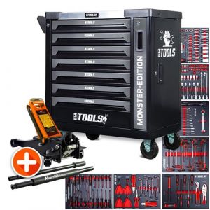 Servante d'atelier BM TOOLS 9/7 MONSTER-EDITION-GREY 7 tiroirs pleins 257 outils + Cric hydraulique Kraft Muller 2,25T ORANGE