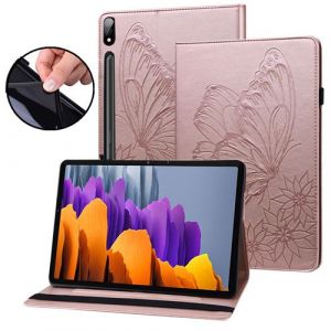 Étui FOXDOCK pour tablette Samsung Galaxy Tab S7 Butterfly Design Premium Cuir Anti-Fall Protection Tablet Cover avec emplacements de carte et fonction du support-Rose
