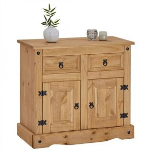 Buffet SALSA commode bahut vaisselier en bois style mexicain avec 2 portes et 2 tiroirs, en pin massif finition teintée/cirée