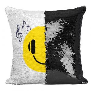 Fabulous Coussin avec Housse Sequin - Paillettes Noir Smiley Musique [40 x 40 cm]