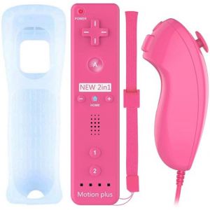 2 en 1 Manette Wiimote Motion Plus intégré et Nunchunk QUMOX compatible pour Nintendo Wii et Wii U -QUMOX® Rose