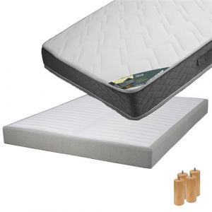 JAVA - Pack Matelas 140x190 + Sommier Tapissier Démontable 2x20 Lattes Lin + Pieds Bois 15cm - Altobuy