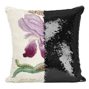 Fabulous Housse de Coussin &agrave; Sequin - Paillettes Noir Iris Papillons Chenilles Illustration Botanique [40 x 40 cm]