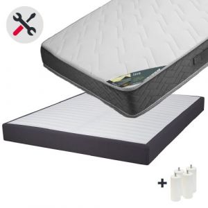 Java - Pack Matelas 140x190 + Sommier Tapissier Démontable 2x20 Lattes Anthracites + Pieds Blancs 15cm